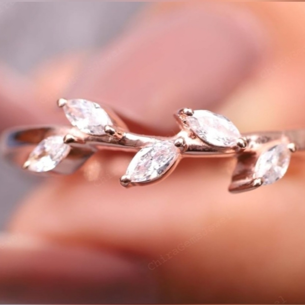 Marquise cut Moissanite wedding band vintage Delicate rose gold wedding ring Lea